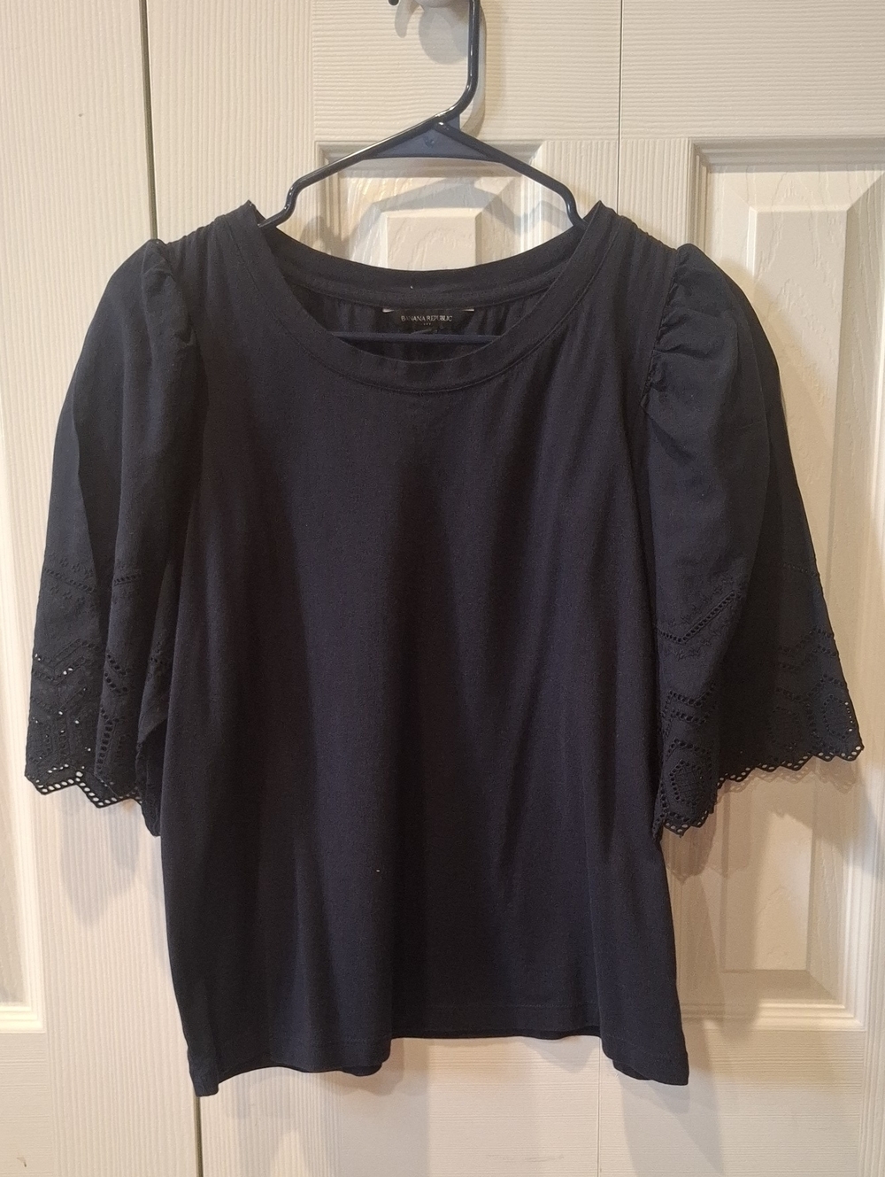 Women's Navy Blue Puff-Sleeve Eyelet Top